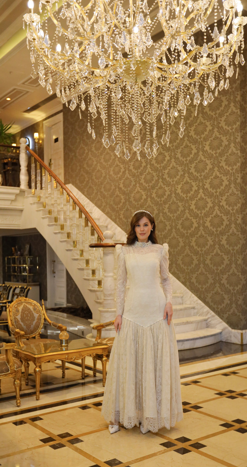 Fransız Dantel Vintage Uzun Elbise |Uzun Kollu Ekru Nikah & Nişan Elbisesi Bella