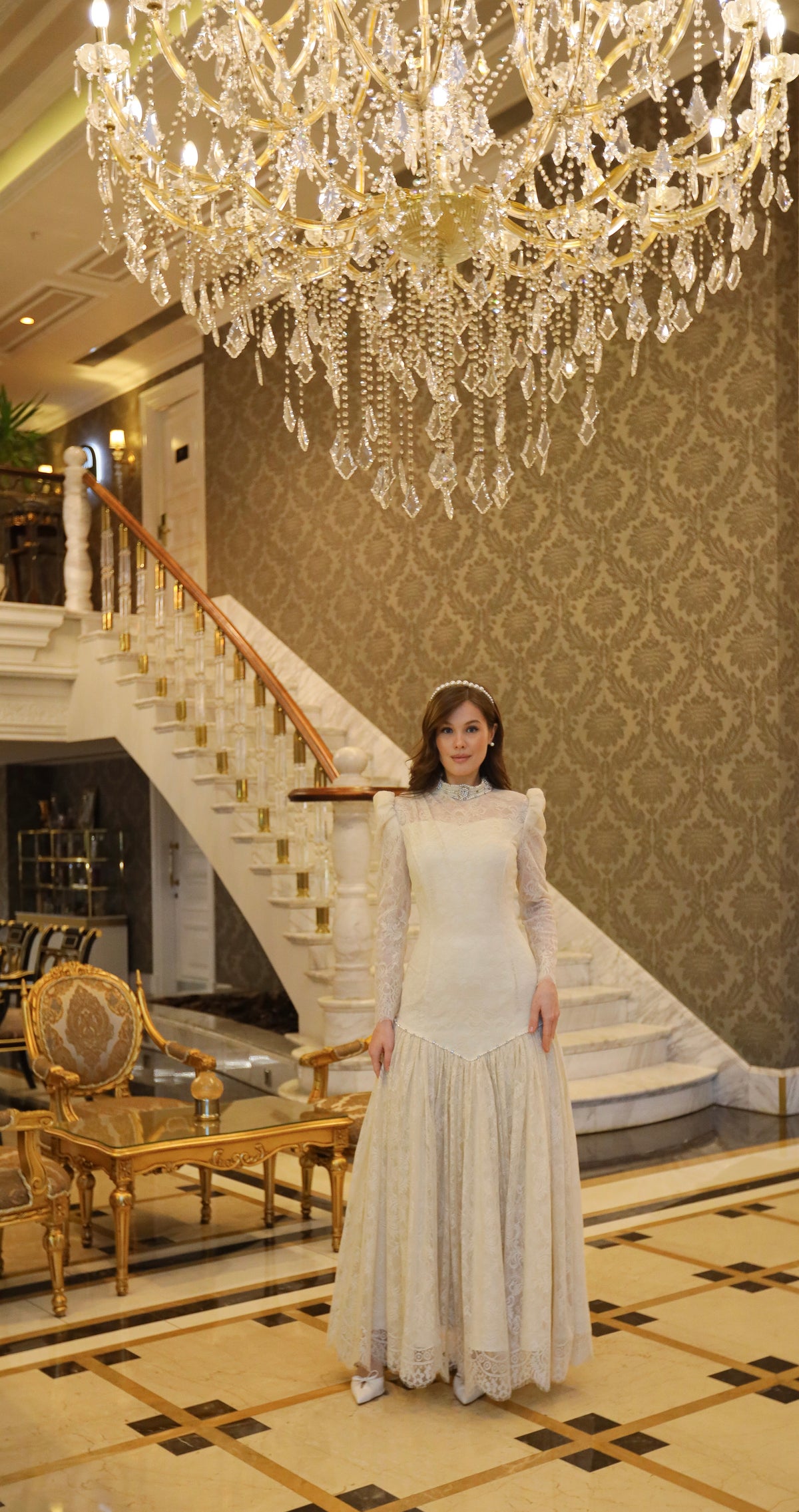 Fransız Dantel Vintage Uzun Elbise |Uzun Kollu Ekru Nikah & Nişan Elbisesi Bella
