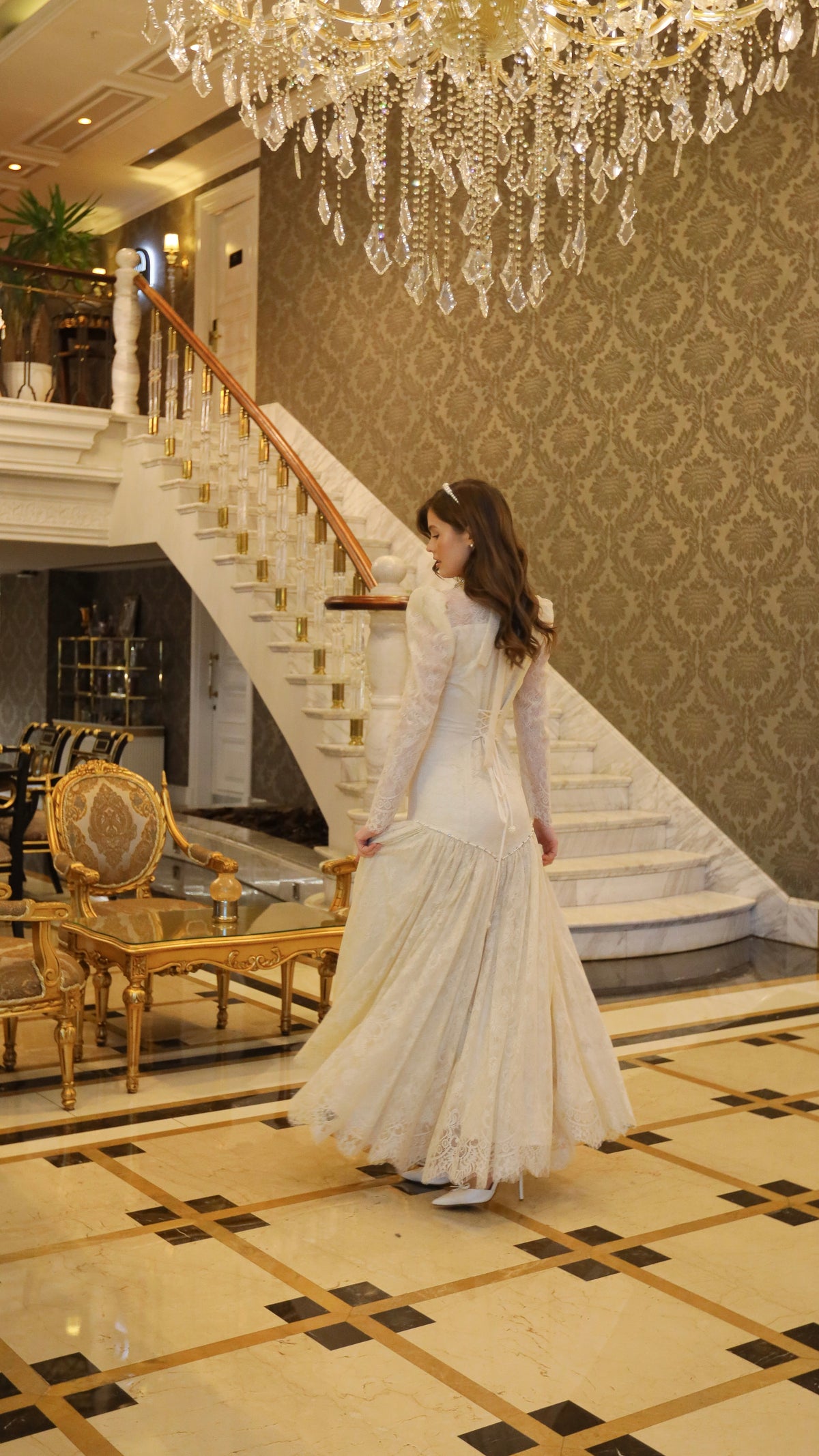 Fransız Dantel Vintage Uzun Elbise |Uzun Kollu Ekru Nikah & Nişan Elbisesi Bella