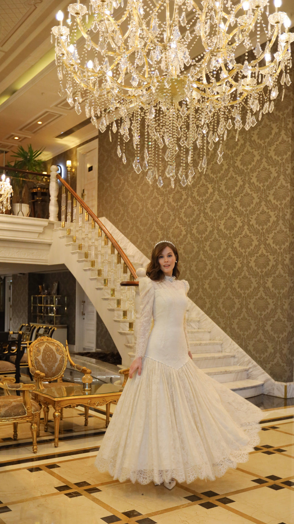 Fransız Dantel Vintage Uzun Elbise |Uzun Kollu Ekru Nikah & Nişan Elbisesi Bella