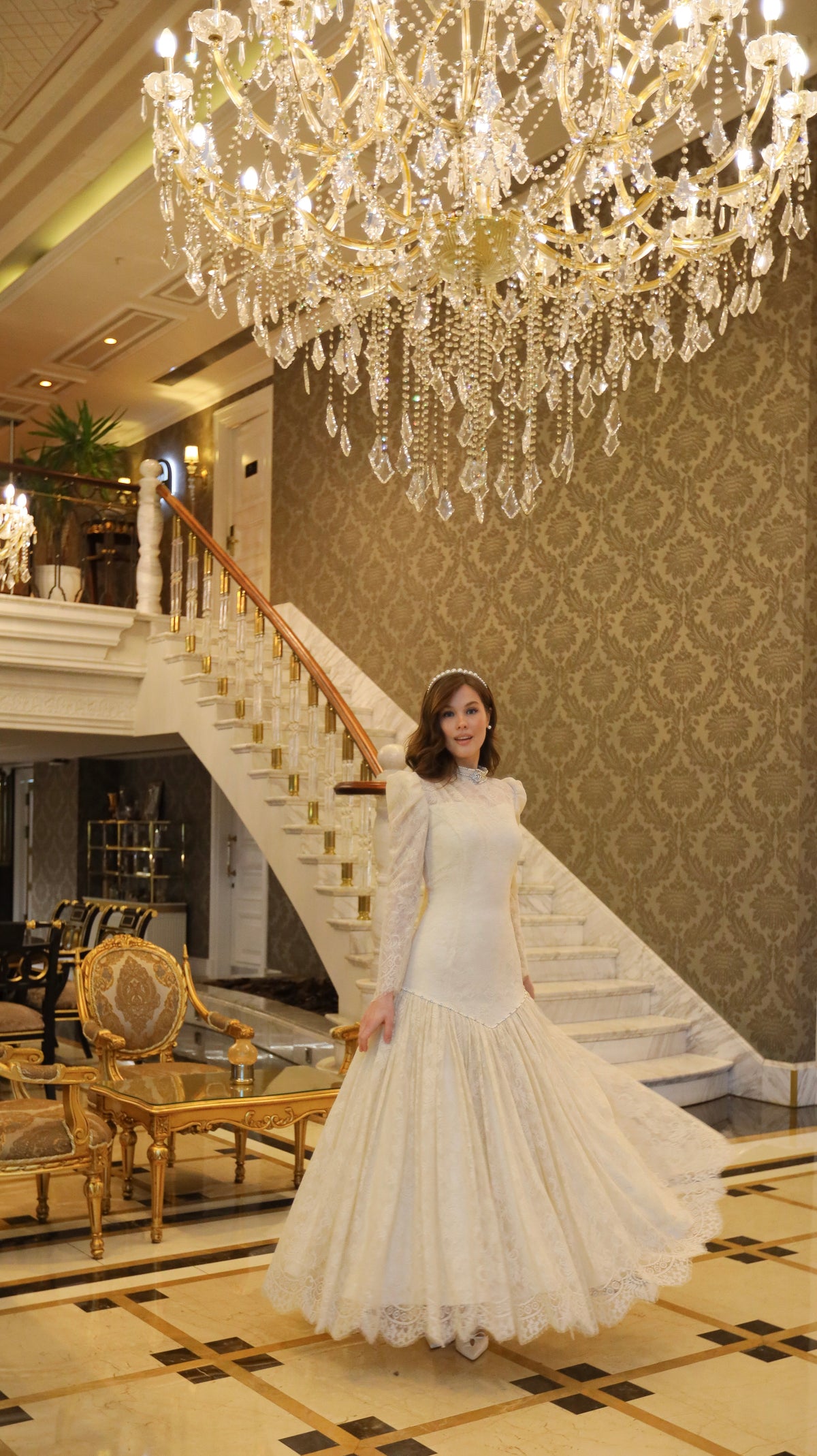 Fransız Dantel Vintage Uzun Elbise |Uzun Kollu Ekru Nikah & Nişan Elbisesi Bella
