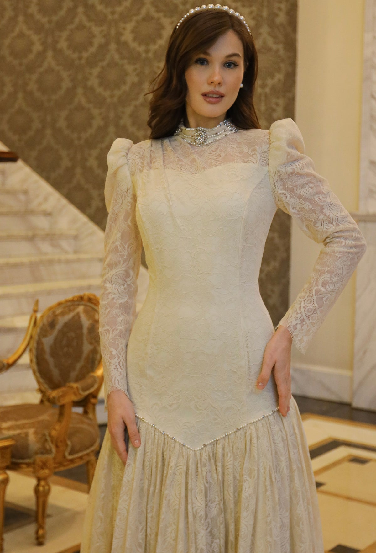 Fransız Dantel Vintage Uzun Elbise |Uzun Kollu Ekru Nikah & Nişan Elbisesi Bella